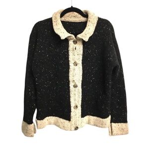 WOOL Ireland Donegal Button Front Cardigan Sweater Black L